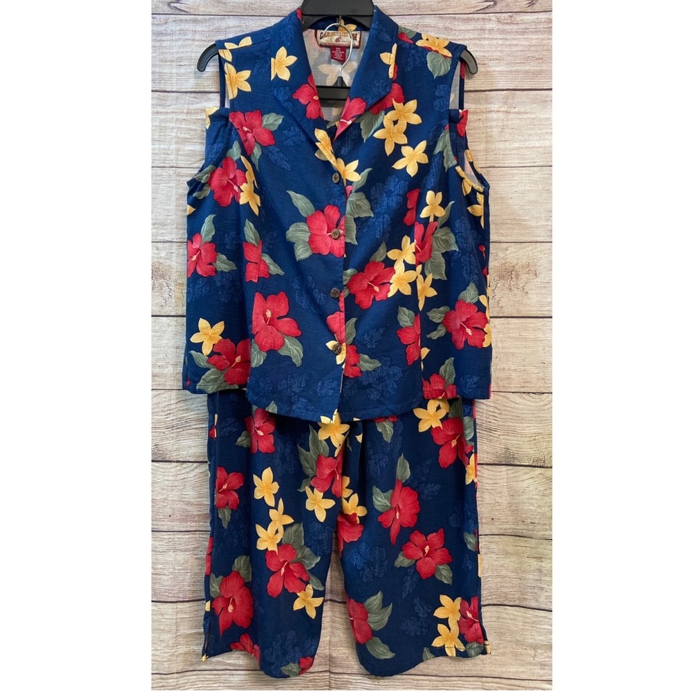 Caribbean Joe Floral Sleeveless Jumpsuit Set Hawaiian Tropical PXL Resort Wear